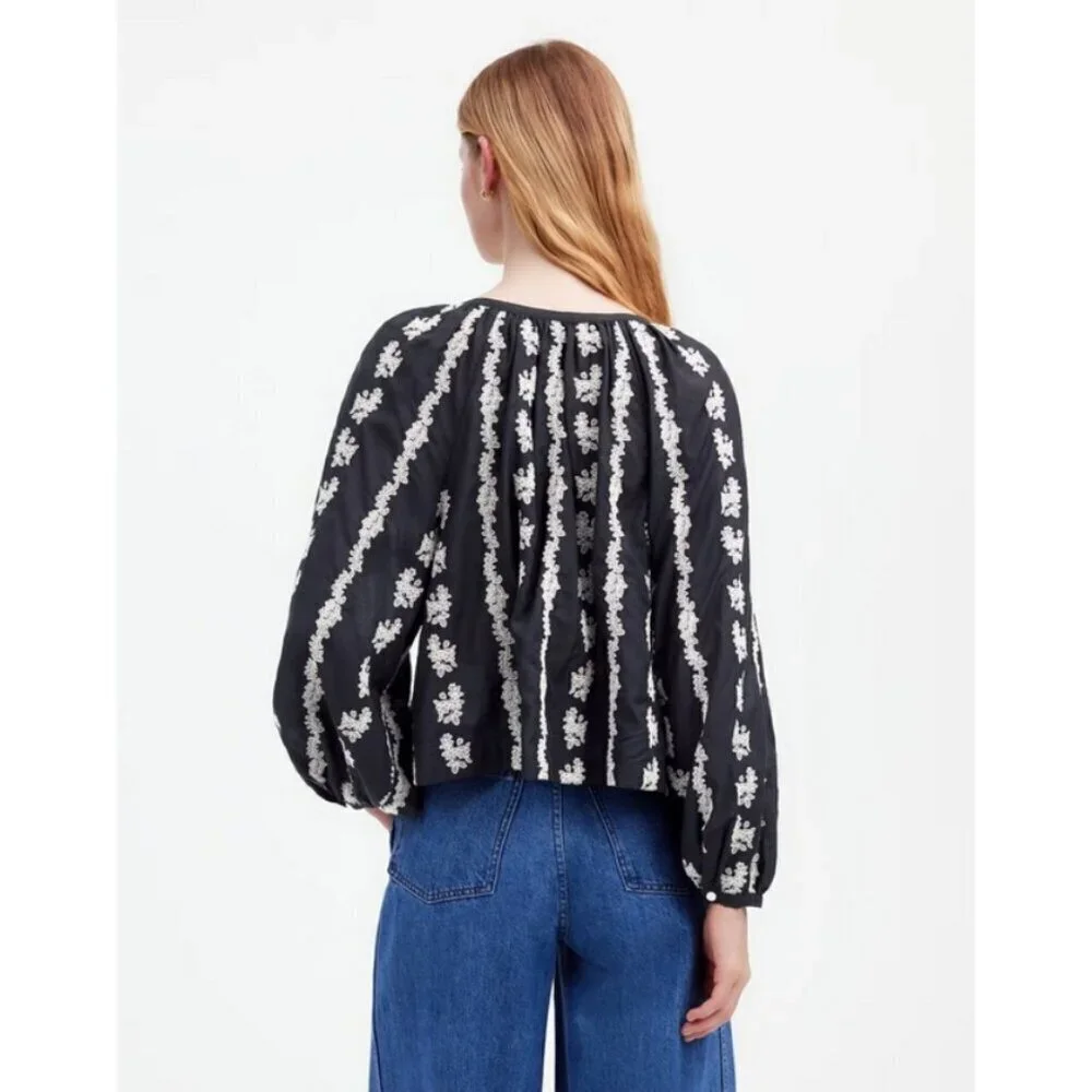 💕MADEWELL💕 Embroidered Puff Sleeve A-Line Top ~ True Black Medium M NWOT